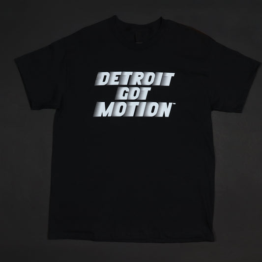 Black t-shirt with 'DETROIT GOT MOTION' text on a dark background