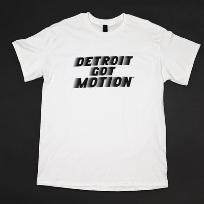 White t-shirt with 'Detroit Got Motion' text on a black background